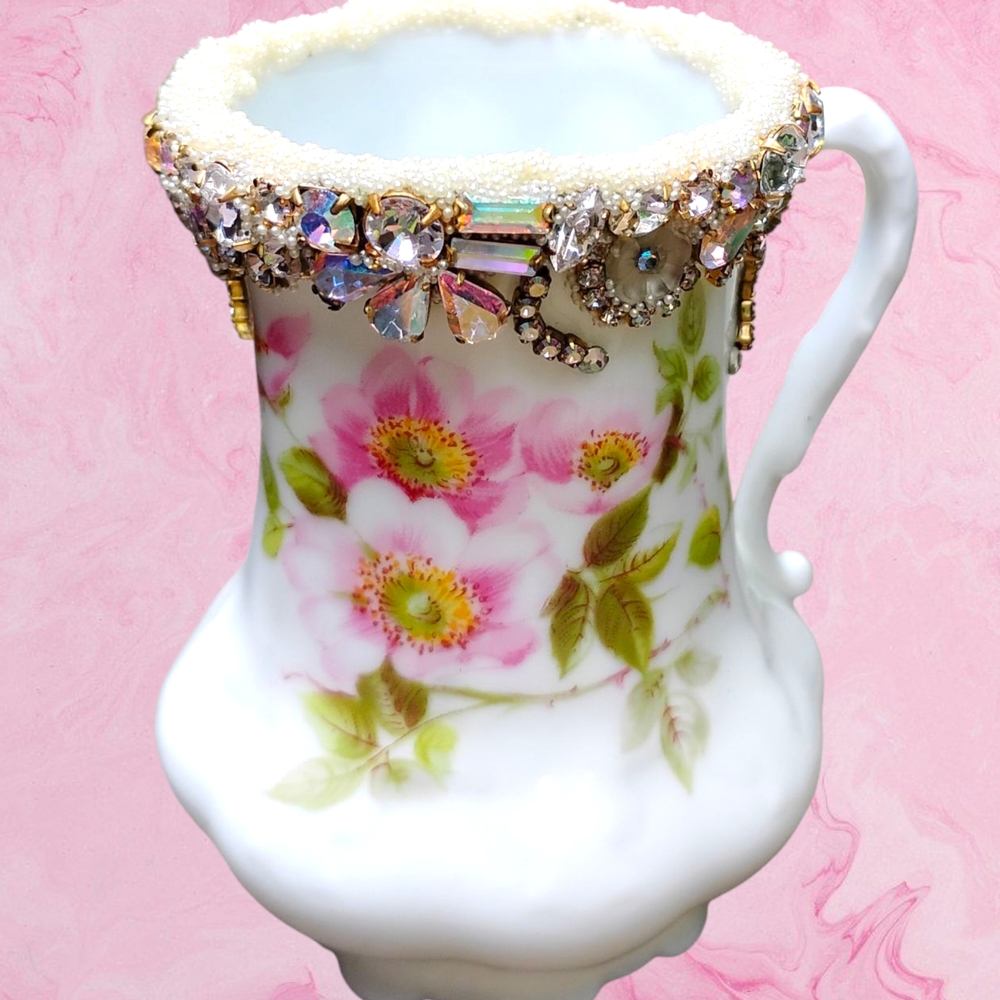 Vintage Giraud Limoges Floral Porcelain Bejeweled Mini Pitcher Vase France